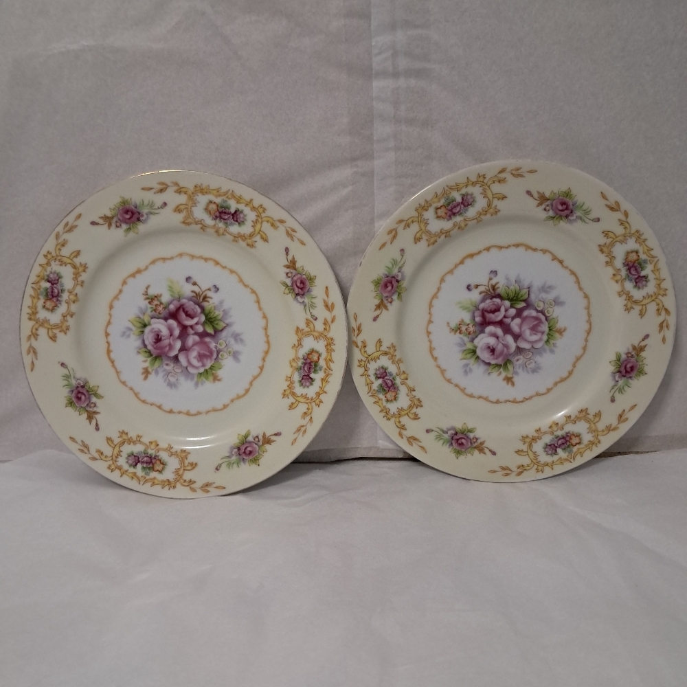 Set of 2 Floral Porcelain Dessert Plates in Lavender and Gold Trim